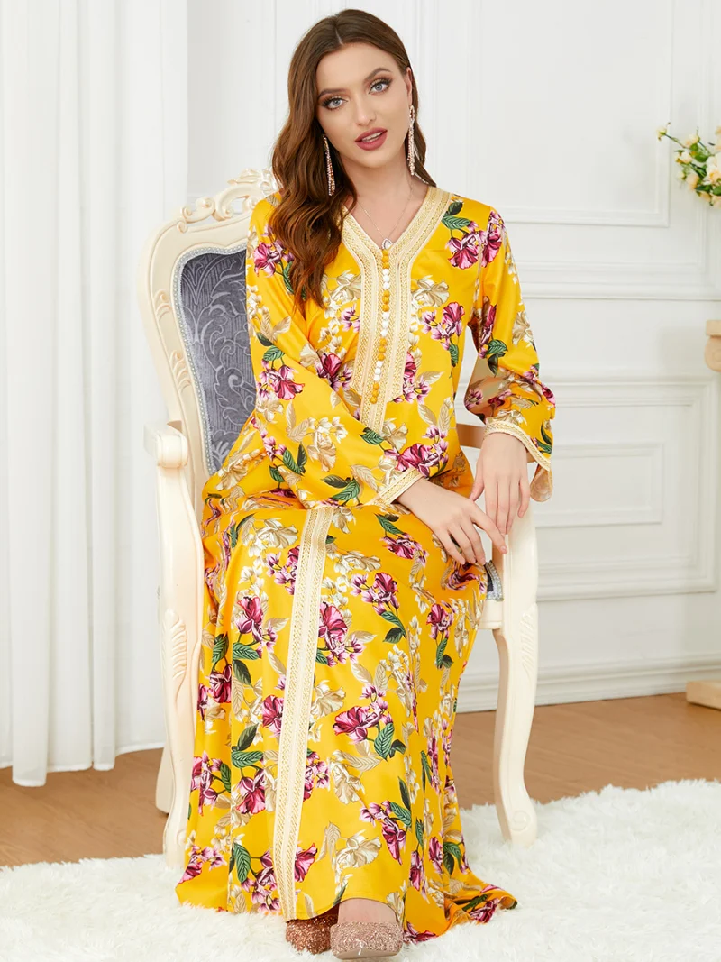Muslim Woman Abaya Flower Print V-Neck Tape Trim Long Sleeve A-Line Dress Elegant Ladies Dresses Caftan Marocain Ramadan