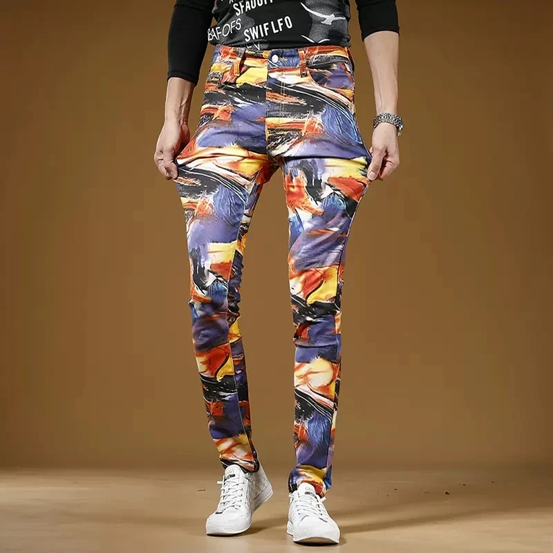 Men Digital Printing Jeans Mens Casual Pants 2022 Streetwear Fashion Colorful Cotton Slim Fit Straight Denim Trousers