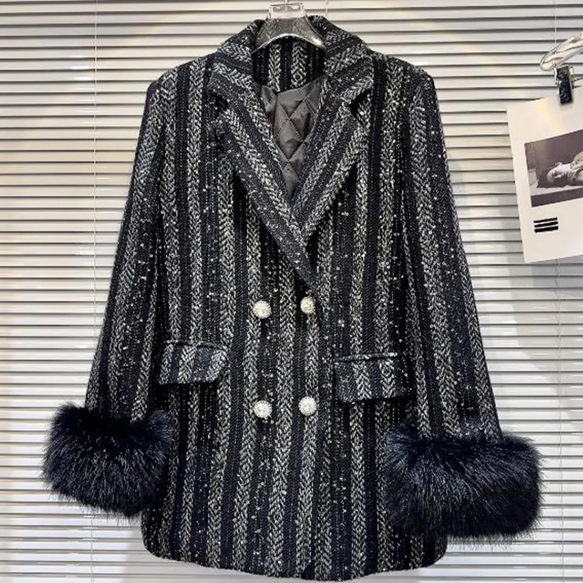 

Маленький твидовый утепленный пиджак Frangance, женская зимняя теплая верхняя одежда с меховым рукавом