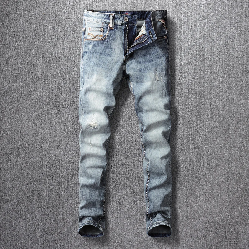 Fashion Designer Men Jeans High Quality Retro Gray Blue Elastic Slim Fit Ripped Jeans Men Casual Trousers Vintage Denim Pants
