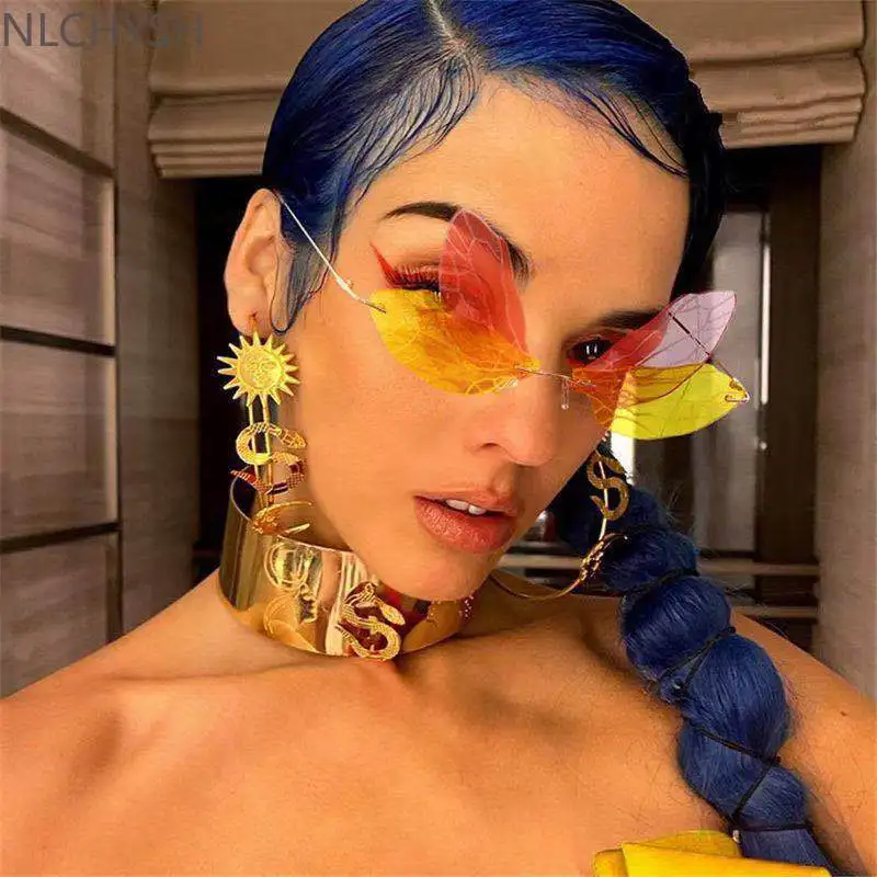 

2022 Fashion Rimless Dragonfly Wing Sunglasses Women Vintage Clear Ocean Lens Eyewear Men Pink Yellow Sun Glasses Shades UV400