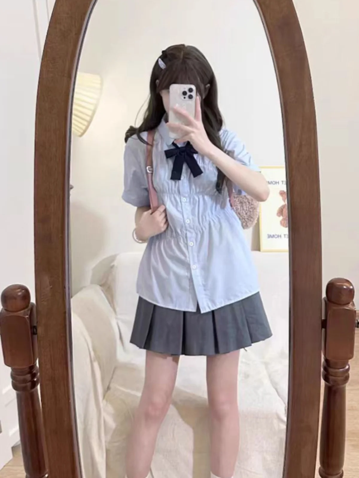 Preppy Blue Shirts Women Jk Uniform Set Summer Short sleeve Korean Series Pleat Shirt Top Design Sense