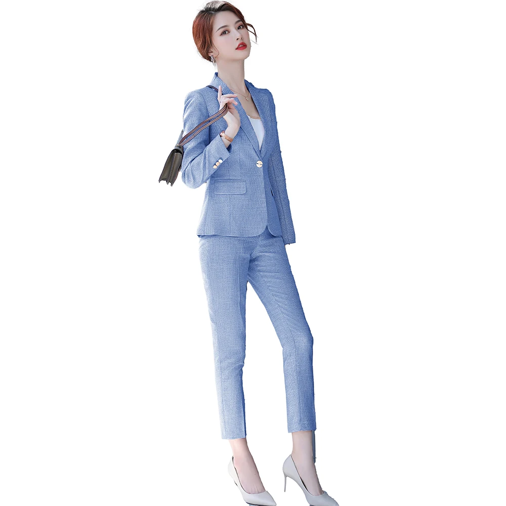 2022SS Pink Apricot Elegant Business Women Pants Suit Formal Plaid Blazers Ladies Long Sleeve Jacket Office Uniform 2  Piece Set