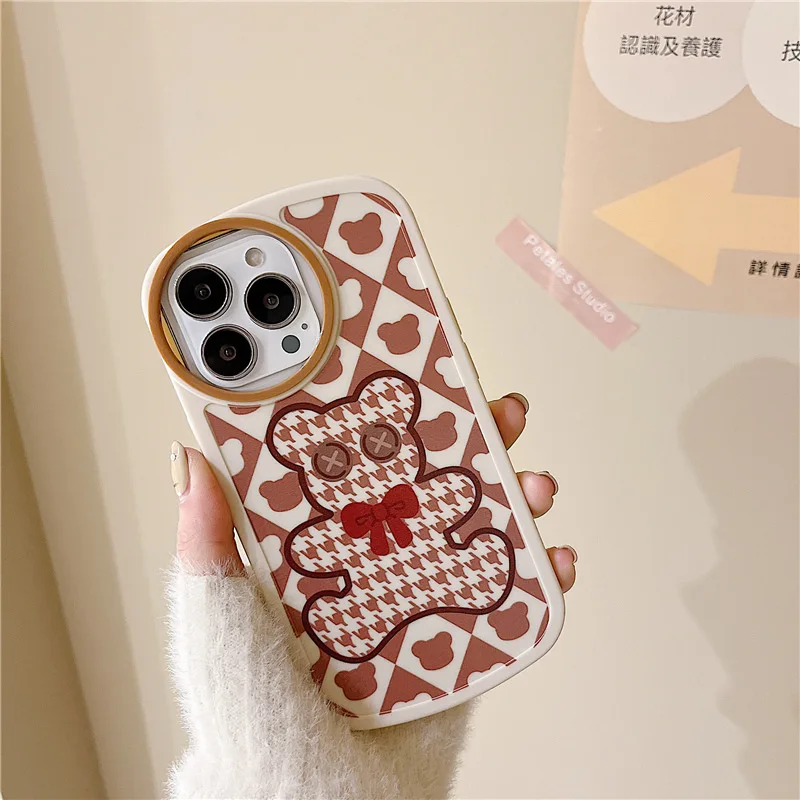 

Checkered Bear Silicone Phone Case For iPhone 13 12 11 Pro XS Max X XR 6 7 8 Plus Round Hole Camera Shockproof Soft Back Cover