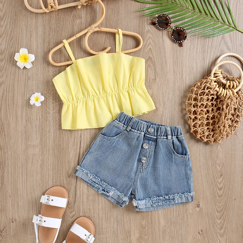 

Комплект из 2 предметов, детский жилет для девочек джинсовые шорты, наряды летние детские модные топы без рукавов с оборками, комплекты со штанами повседневная одежда От 1 до 6 лет