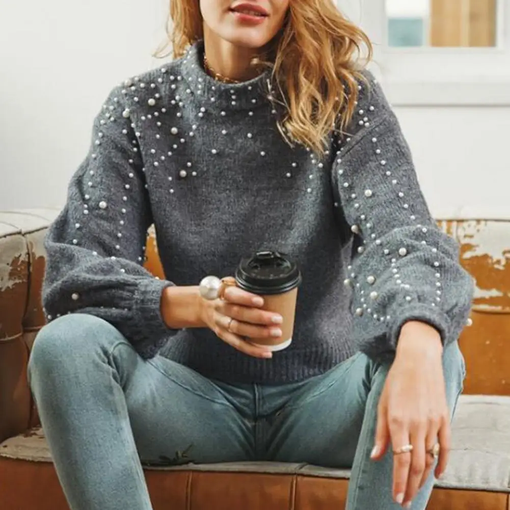 

Trendy Pullover Knitwear Shrinkable Cuffs Cold Resistant Top Faux Pearl Decor Lady Short Sweater