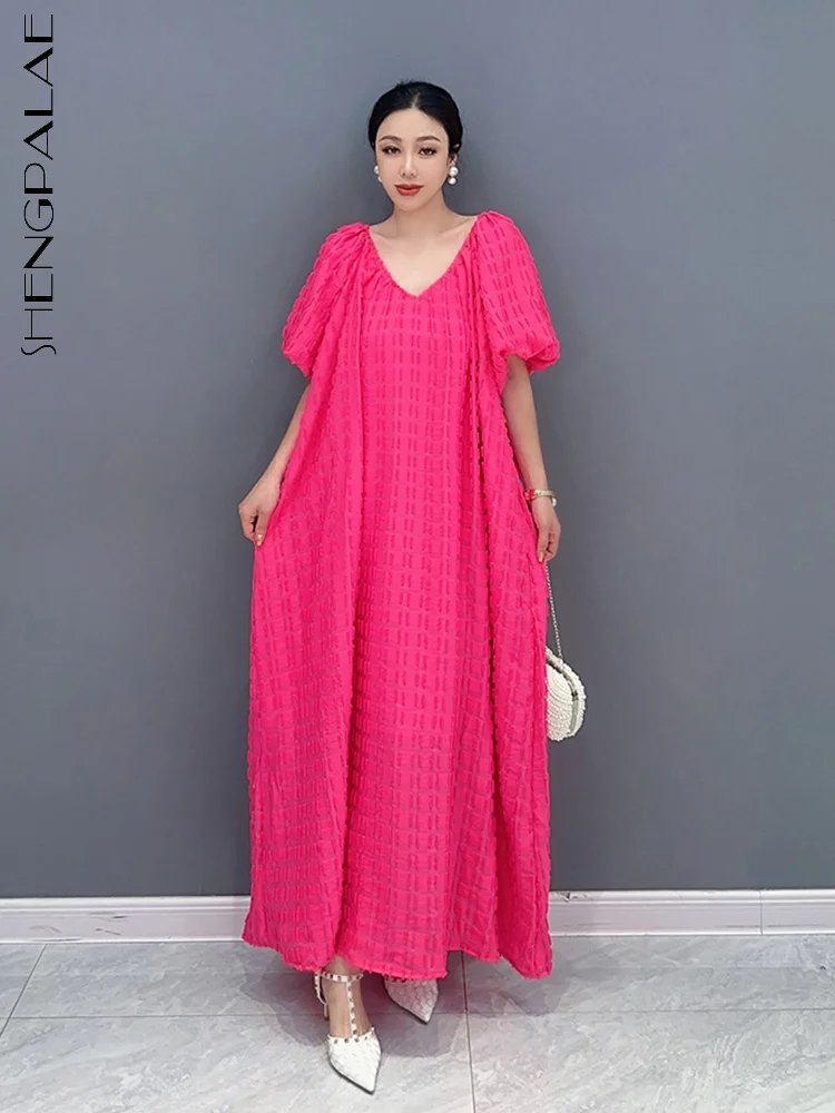 

SHENGPALAE Puff Sleeve Dress For Women Fashion V-neck Lace Up Waist Solid Color Casual A-line Robe Summer 2023 New Tide 5R4351