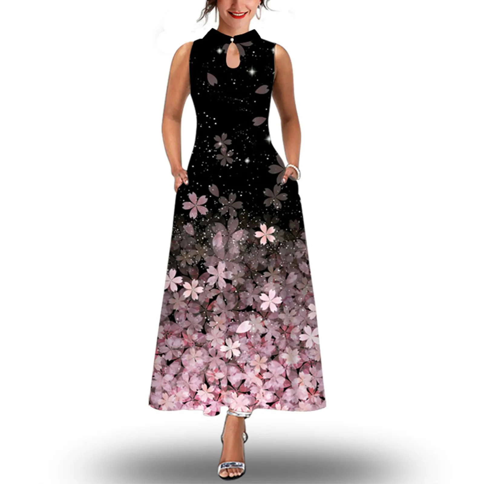 

Women Summer Sleeveless Floral Print Stand Neck Maxi Loose Dress Dress for Medium Size Women Mini Dresses for Women Party Night