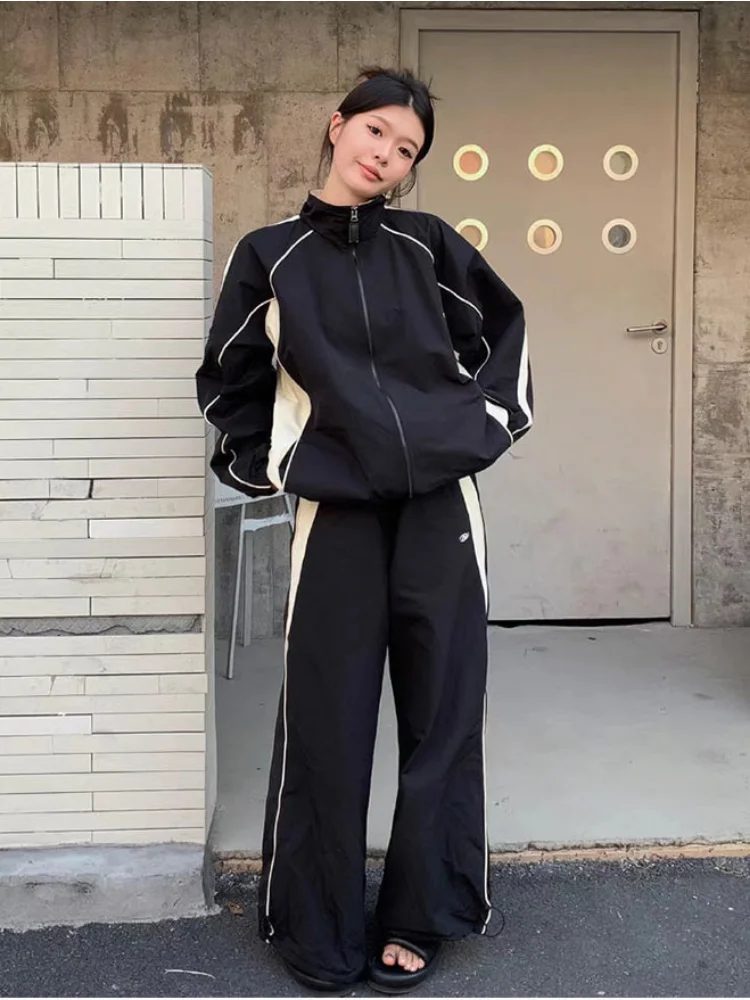 

QWEEK Vintage Y2K Black Joggers Sweatpants Women Retro Streetwear Hip Hop Tracksuit Oversize Zipper Jackets Harajuku Pants Set