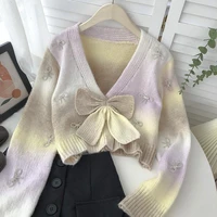 japanese style pink bow colorful knit women sweaters korean sweet v neck long sleeve pullovers new autumn winter elegant jumpers