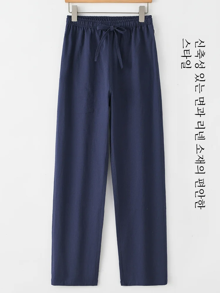 Мужские Стрейчевые брюки из хлопка и льна прямые повседневные со средней талией