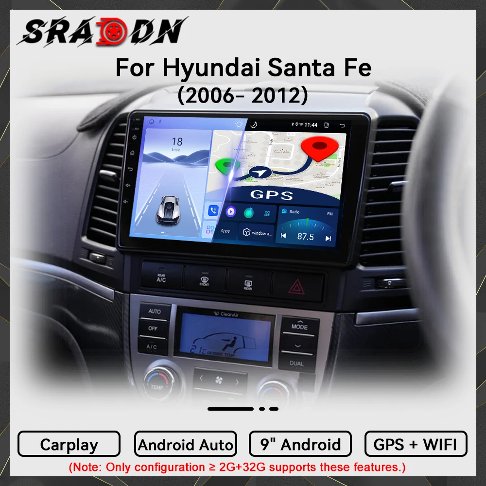 Фото Автомагнитола Android для Hyundai Santa Fe 2 2006 2007 2008 2009 2010 2011 2012, автомобильный мультимедийный видеоплеер, GPS-навигация, CarPlay, сенсорный экран, интеллектуальная стереосистема. №1