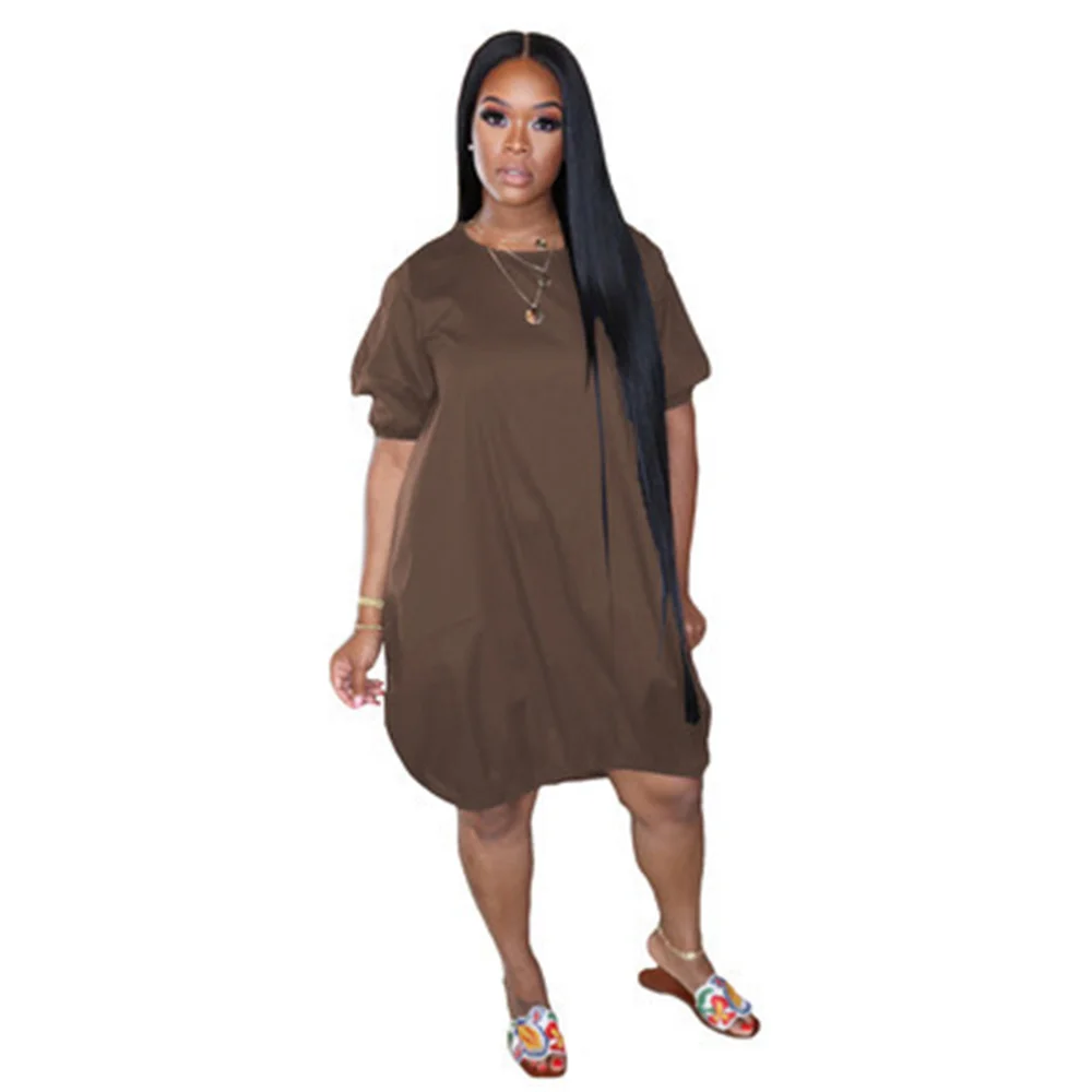 

Модная женская одежда больших размеров 3xl, 4xl, 5xl, однотонное повседневное Свободное платье с круглым вырезом и коротким рукавом, оптовая про...