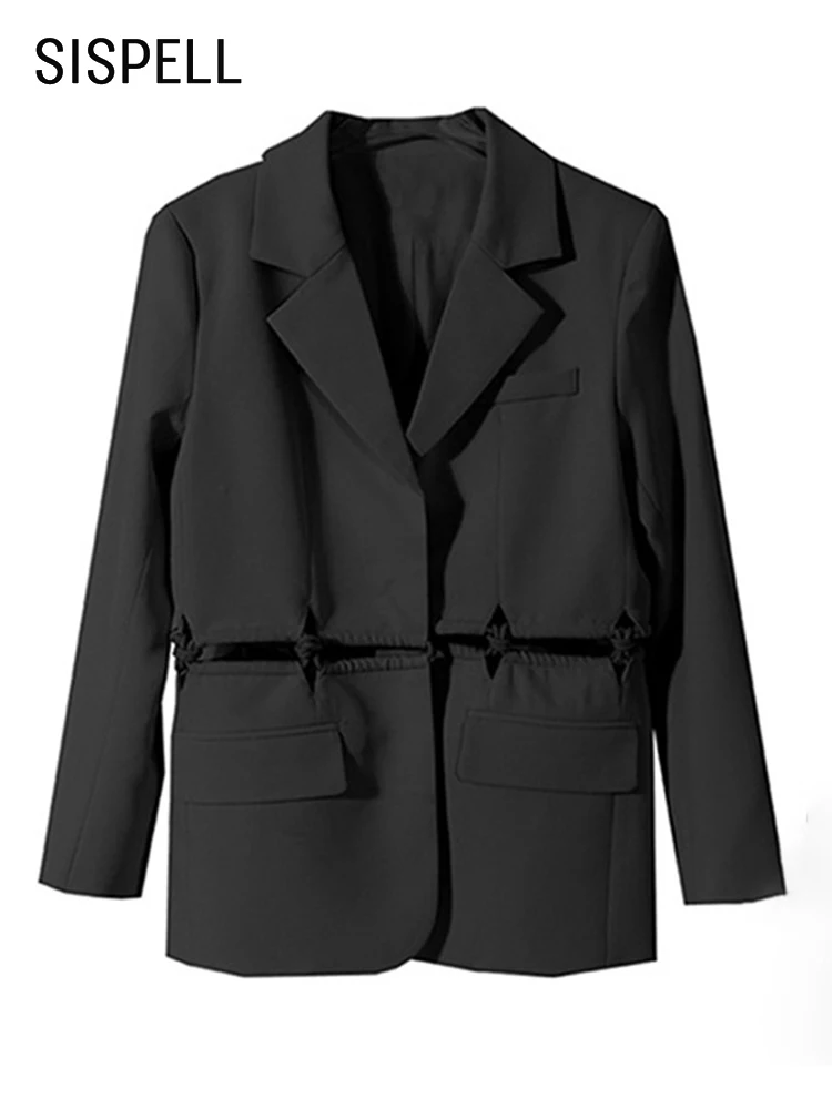 

SISPELL Casual Blazers For Female Hollow Out Plain Notched Long Sleeve Patchwork Pocket Straight Coats Women Spring 2022 Clothes