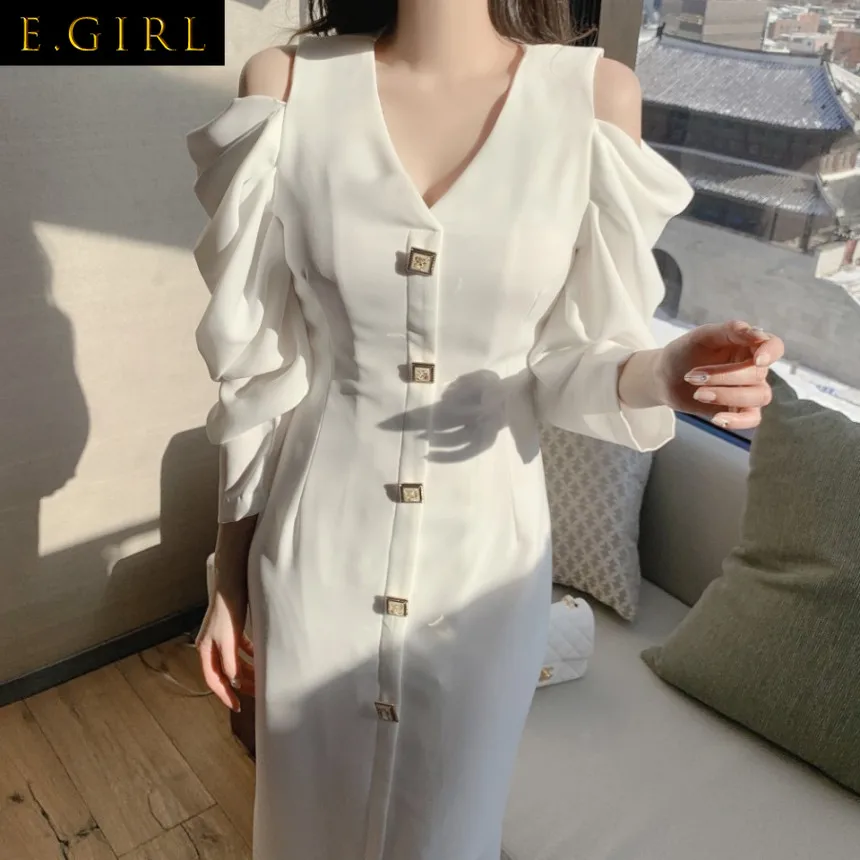 

Женское платье-миди с V-образным вырезом, открытыми плечами и длинными рукавами