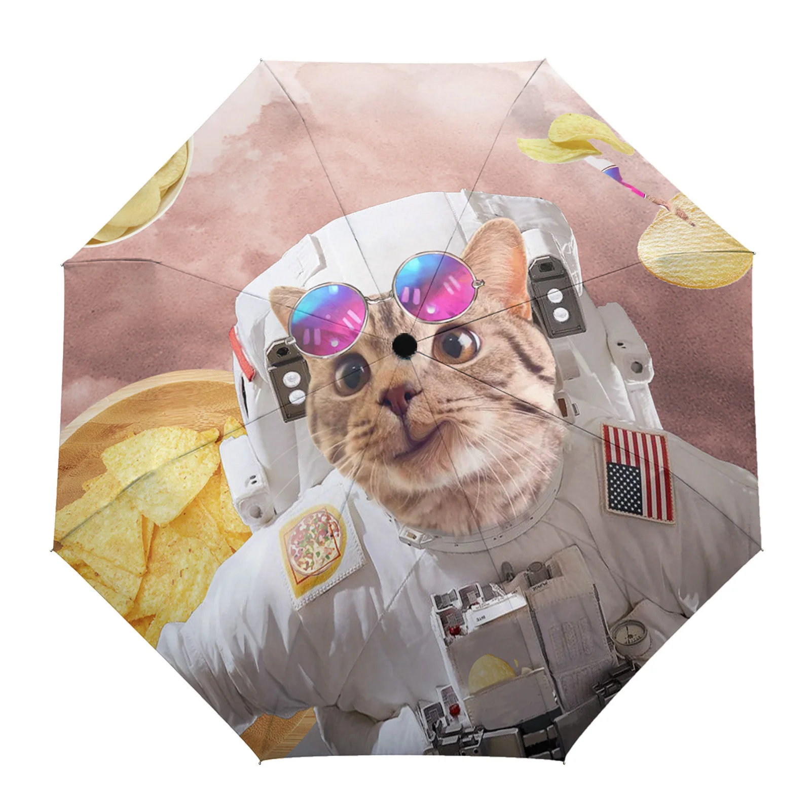 

Cat Astronaut Potato Chips Large Fully-automatic Parasol Umbrella Foldable Eight Strand Umbrella for Adults Rain Umbrella