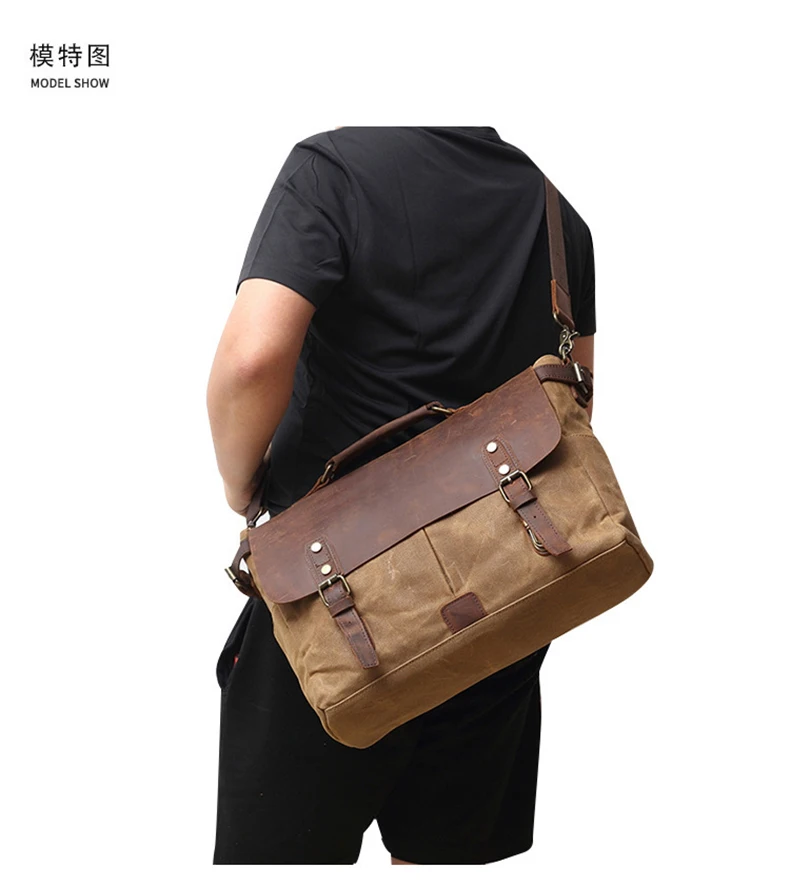 Retro multifunctional canvas genuine leather men's briefcase waterproof motorcycle side bag business travel work laptop handbag