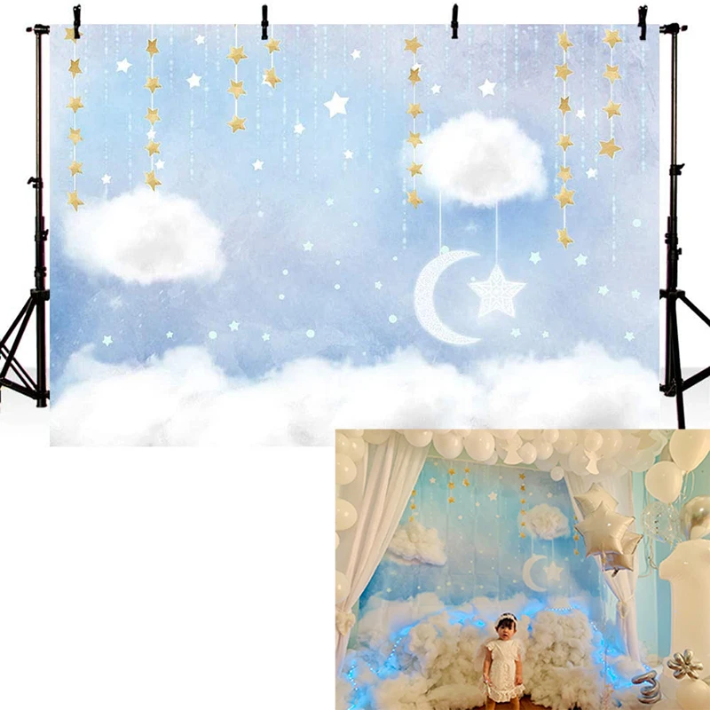 

Blue Pink and White Cloud Backdrop Fairy Baby Shower Gold Stars Twinkle Twinkle Little Stars Photography Background Party Banne