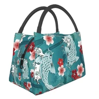 koi fish sakura blossom in turquoise thermal insulated lunch bag women japanese cherry flower portable lunch tote meal food box