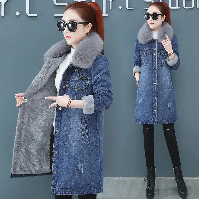 Women Denim Jacket Coat Winter Warm Clothes Fashion Outwear Slim Fit Fur Collar Embroidered Solid Casual Coat Women Long Parkas