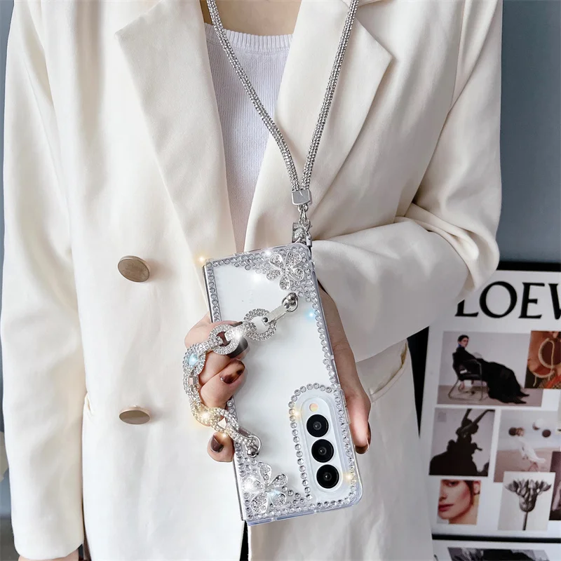 

Diamond Pearl Phone Case For Samsung Galaxy Z Fold 4 Stand Z Fold 5 Z Fold 3 2 Luxury Glitter Bling Wrist Chain Cover Fundas