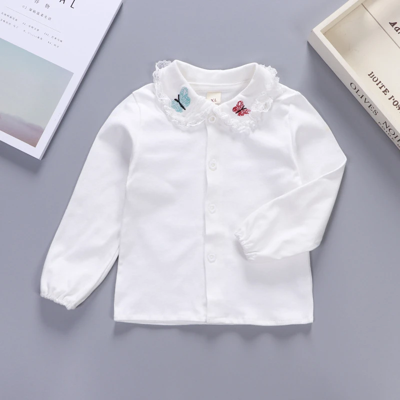 Lace Blouses Tops Children Clothes Girl Butterfly Embroidery Korean Doll Collar Fall Kids Shirts Full Sleeve Clothing Hemden enlarge