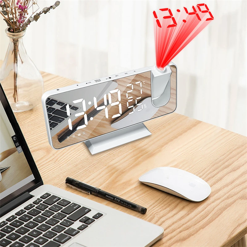 

FM Radio LED Digital Smart Alarm Clock Watch Table Electronic Desktop Clocks USB Wake Up Clock with 180° Time Projector Snooze