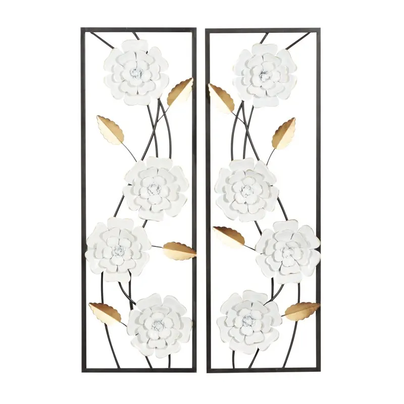 

White Metal Floral Wall Decor with Black Frame (2 Count)