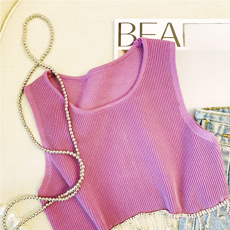 Женский Пурпурный трикотажный топ без рукавов эластичный однотонный