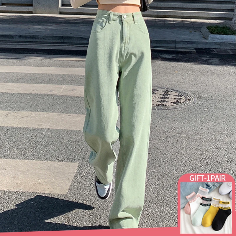 

y2k Clothes Women's Jeans 2022 Autumn Loose Straight Woman Jean Streetwear Casual Pants High Waist Wide Leg Green Jeans