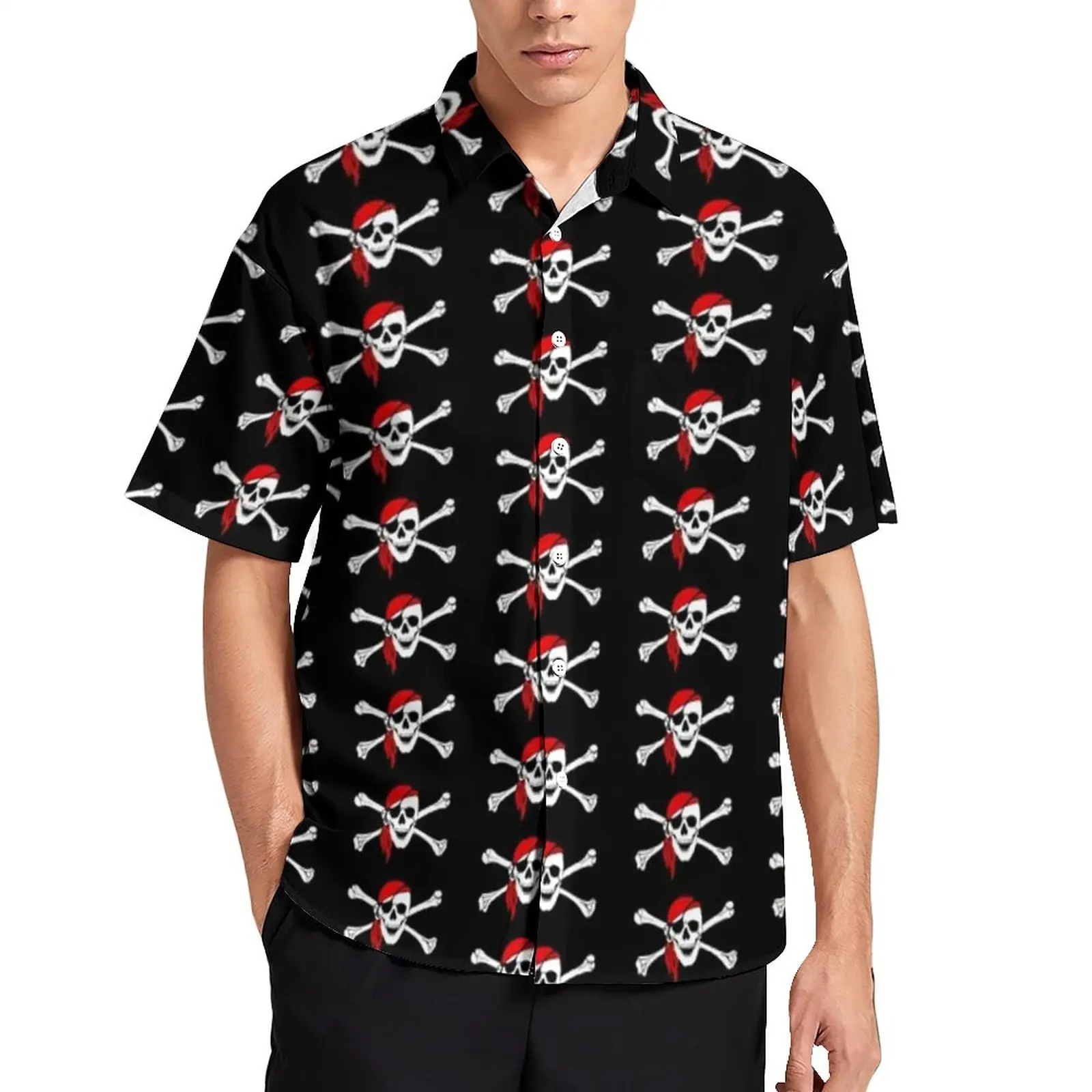 

Pirate Skull Print Casual Shirts Jolly Roger Crossbones Vacation Shirt Hawaiian Y2K Blouses Men Graphic Plus Size