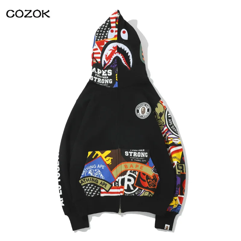

Printed patchwork sweatshirt Bape Shark Color Graffiti Print Hip-hop Stitching Hoodie Men And Women Cardigan Sweater Jacket