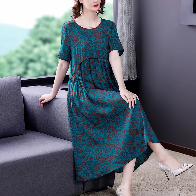 

2022 Vintage Floral Silk Boho Midi Dress Summer 4XL Plus Size Print Beach Casual Sundress Elegant Women's Skinny Party Vestido