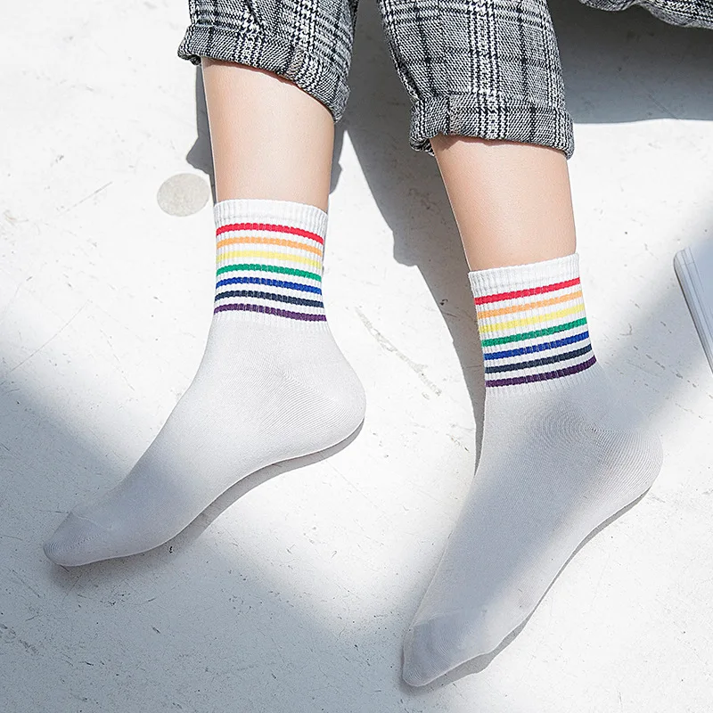 

2 Pairs New Women's Spring/Summer Rainbow Socks Fashion Striped Stockings Women Breathable Sweat Wicking Socks