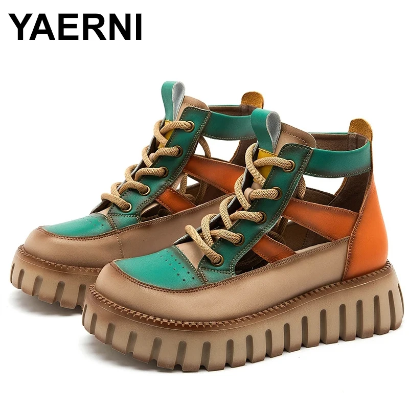 

Roman Platform Sandals Women Fashion Retro Colorblock Round Head Sneakers Hollow Lace Up Casual Walking Shoes Sandalia De Mujer