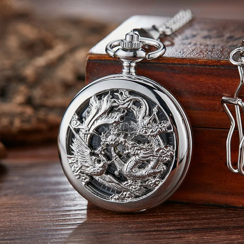 Chinoiserie Double Cranes Playing With Pearls Pattern Hollowed Out Relief Dragon Type Manual Mechanical Large Pocket Watch Clock