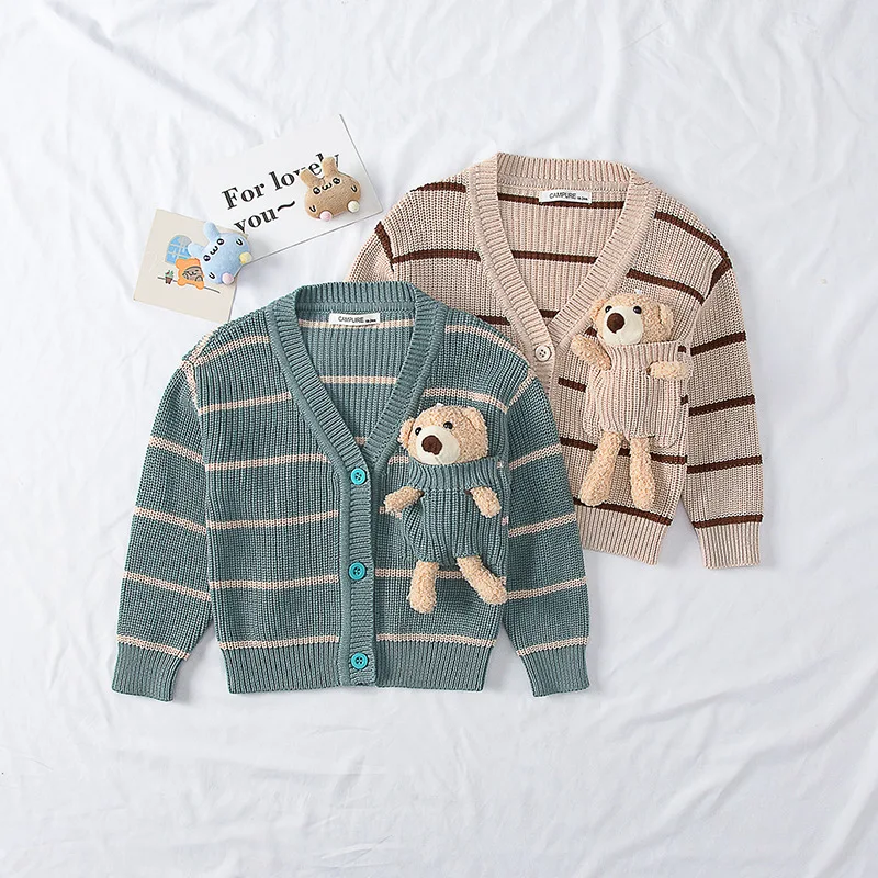 

Autumn Winter Kids Children's Cardigan Knitted Sweater Cartoon Bear Boys Girls Fashion V-Neck Single Breasted Coats