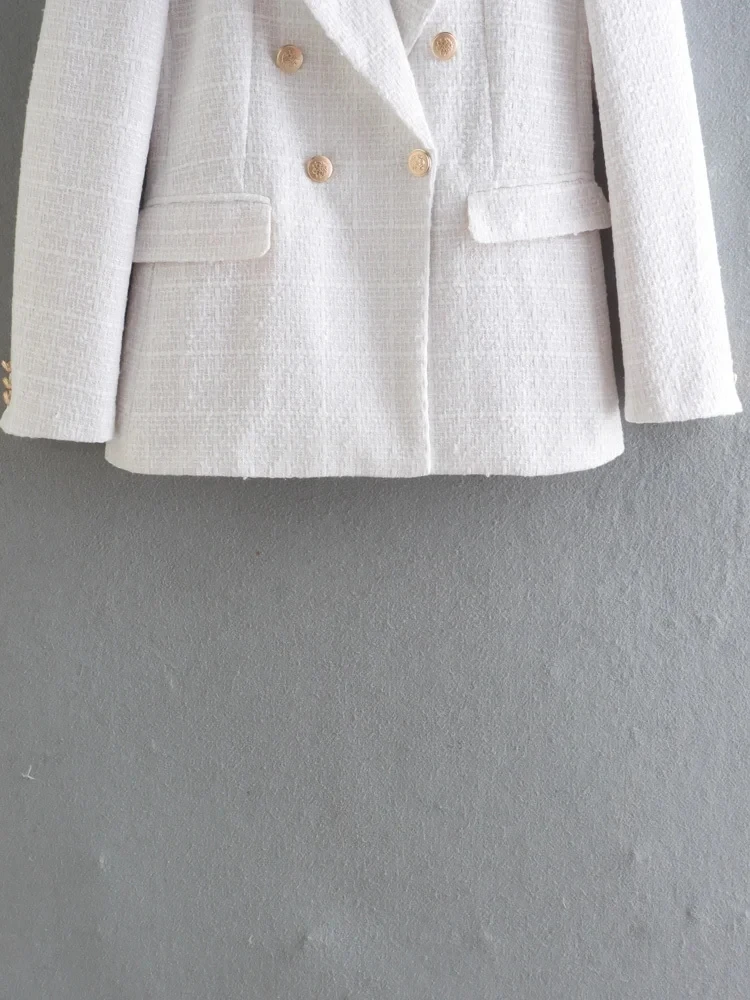 Maxdutti England Style Fashion BlazersTopsTexture Gold Buttons Double Breasted Solid Casual Blazers Women