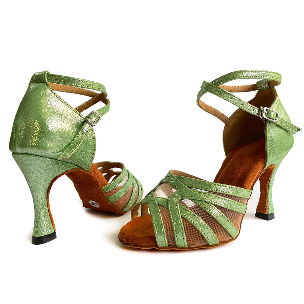 Indoor Dance Shoes Green Glitter Leather 2022 Latin Ballroom Dance Shoes Suede Insole 9cm 10cm heel Performance Dancing Shoes