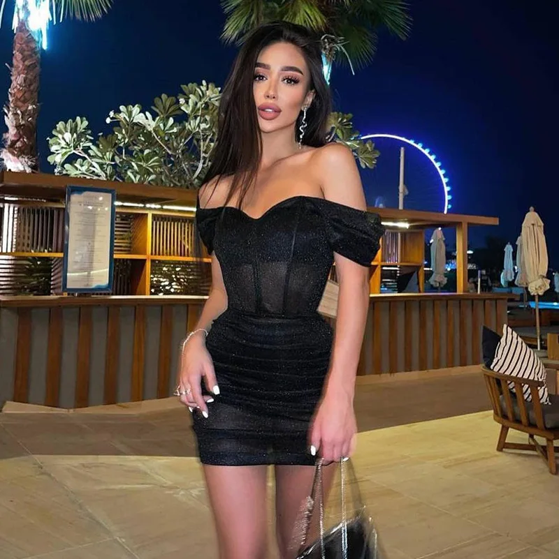 

Strapless Off Shoulder Short Puff Sleeve Backless Pleated Dress 2022 Fall Bodycon Evening Party Elegant Vestido Y2K