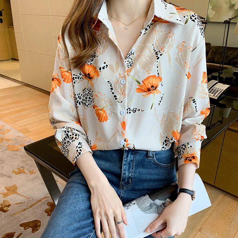 

Vintage Floral Print Shirt Women's Blouses Tops Spring Fall Office Ladies New Retro Long Sleeve Chiffon Shirts Blusas Femininas