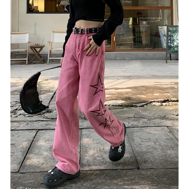 

Джинсы женские с завышенной талией, винтажные розовые мешковатые джинсы с принтом звезд, модная уличная одежда в американском стиле, джинсовые брюки с широкими штанинами