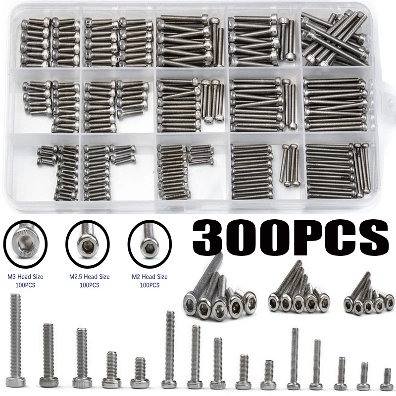 

300Pcs Stainless Steel M2/M2.5/M3 Socket Head Cap Screws Hexagon Hex Round Head Screw Bolt Assorted Set
