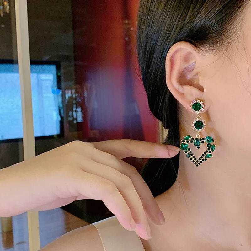 

Vintage Green Crystal Drop Earrings for Women Oversize Long Heart Dangle Earrings Exaggerated Statement Jewelry Wholesale
