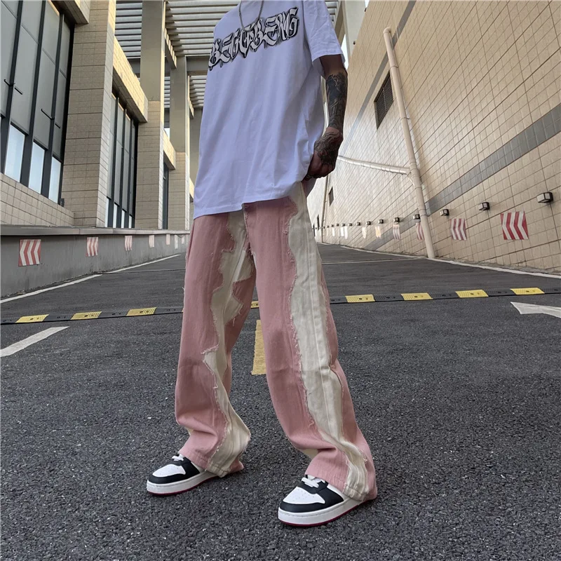 DEEPTOWN Y2K Patchwork Jeans Men Hip Hop Straight Denim Pants Loose Casual Streetwear Trousers Male Fashion Black Pink Plus 4XL
