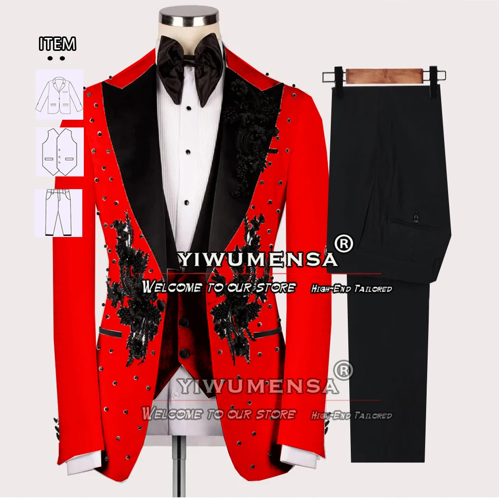 Slim Fit Black Appliques Pearls Lapel Blazer Plus Size Groom Wear Prom Tuxedos Traje Elegante Hombre