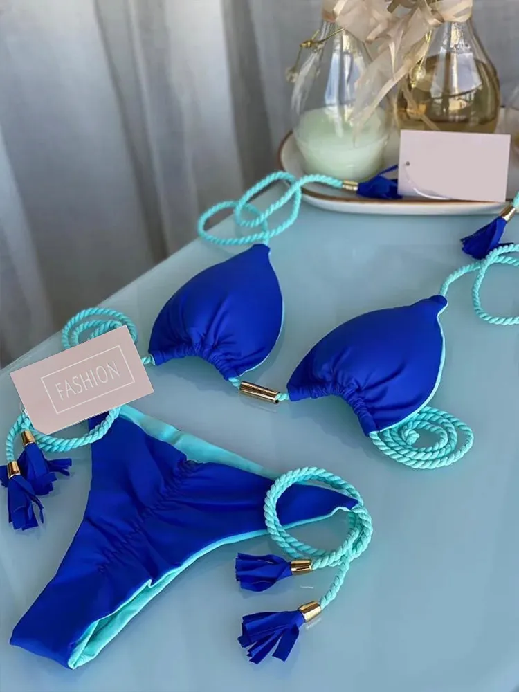 

Miyouj Blue Bikini Set 2022 Swimwear Thong Swimsuit Woman Sexy Bathing Suits Vintage Two Piece Bikinis Bandage Female Beachwear