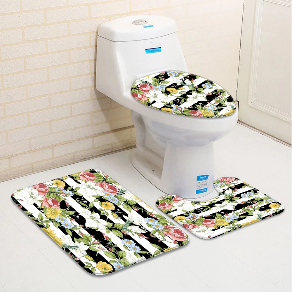 

Set of 3 Flowers Bathroom Rugs Spring Pink White Green Leaves Stripes Low Pile Memory Foam Bath Mat Toilet Cover U-Shaped Carpet