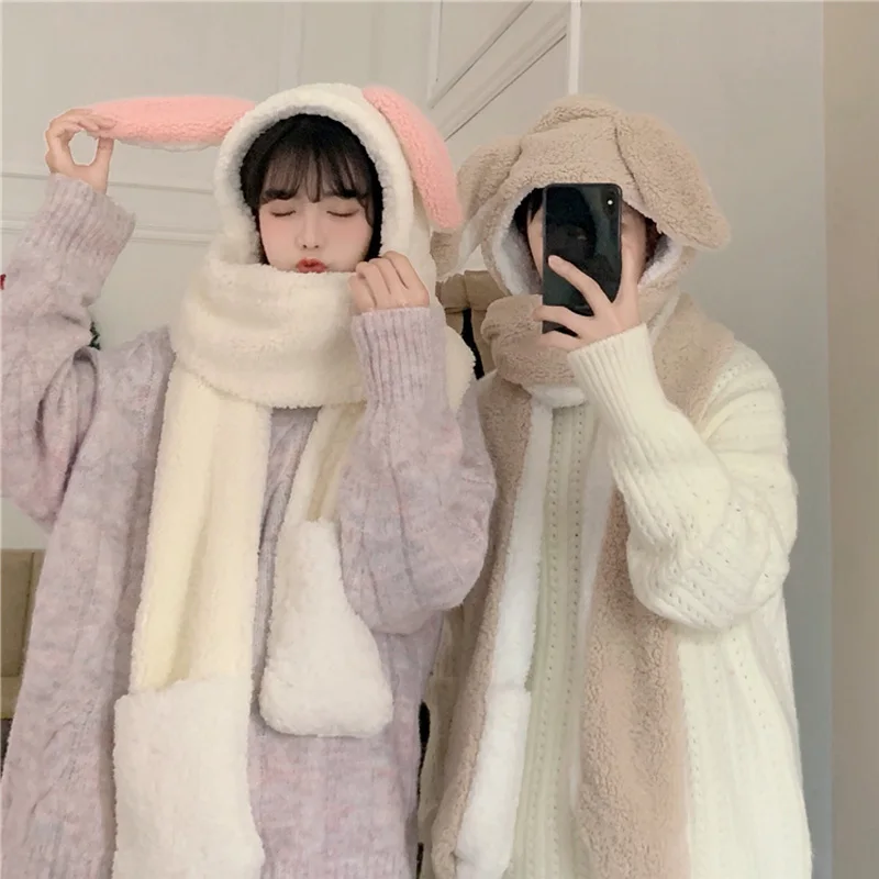 

Cute bear hat thickened scarf, hat gloves in one cute warm three-piece set