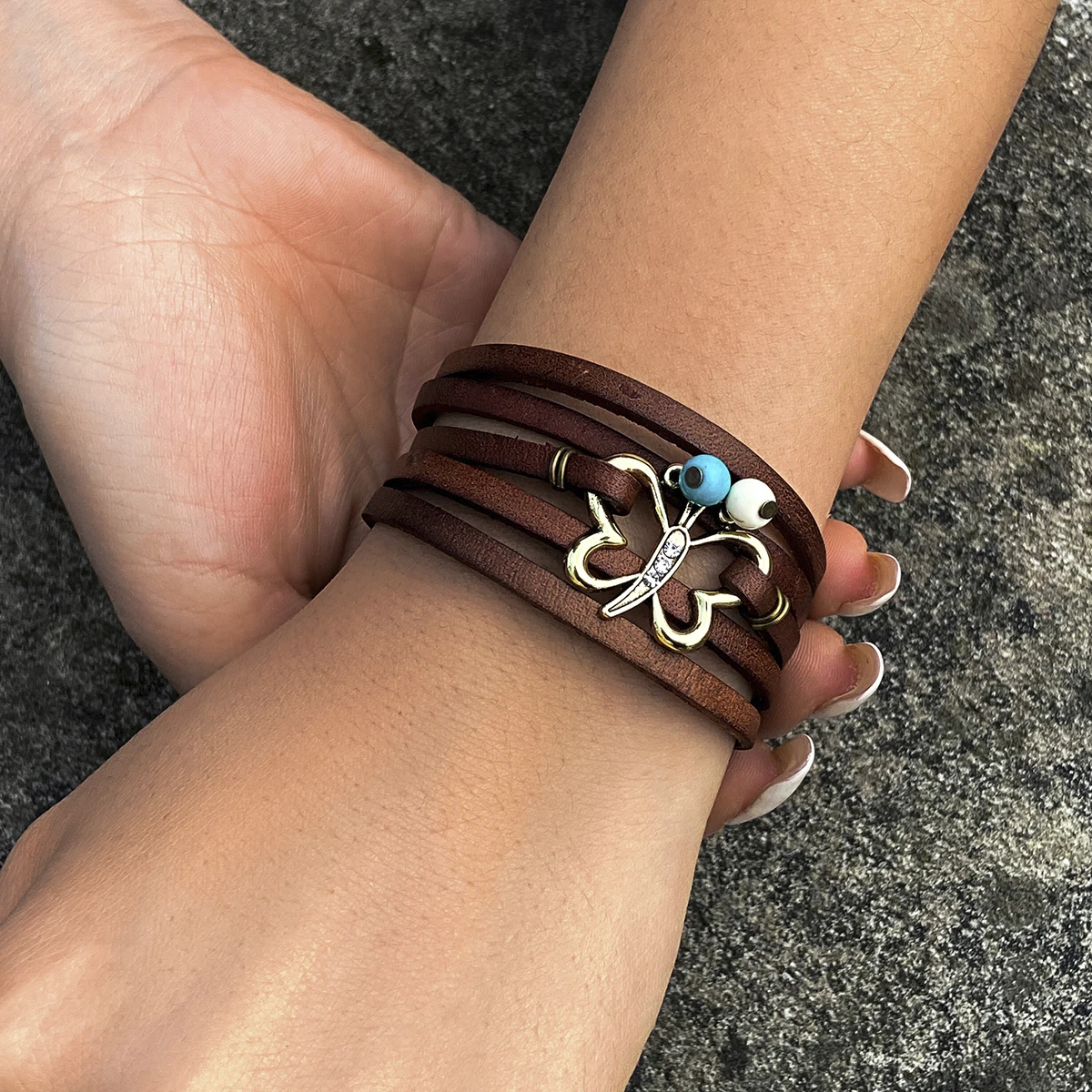 

PuRui Vintage Multilayer Brown PU Rope Chain Bracelet with Butterfly Charm Acrylic Beads Bangle for Women Men Jewelry Unisex New